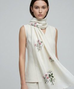 Hand-Embroidered Floral Silk Scarf