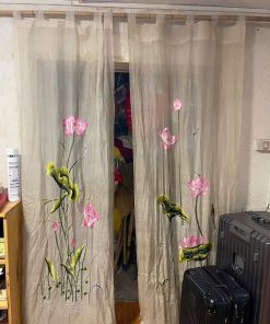 Vietnamese Mulberry Silk Curtain:  Hand-Embroidered Floral Sheer